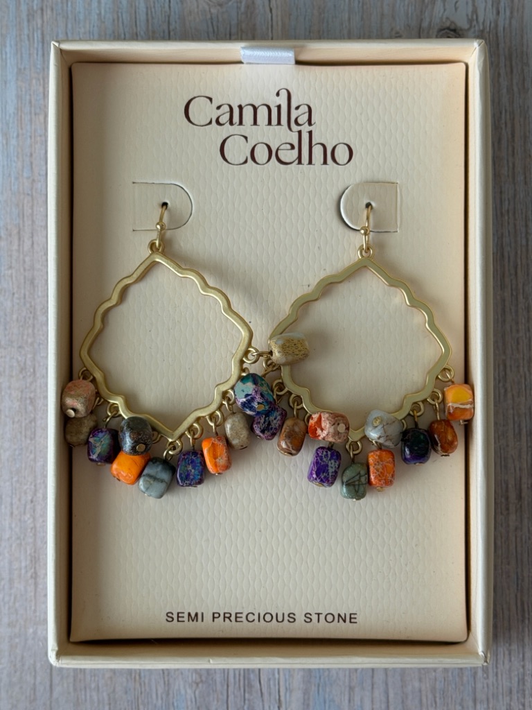 Nwt Camila Coelho Semi Precious Stone Beaded Hoop Earrings Gold Tone Statement 35$